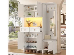 Conjunto de guarda-roupa/vestiário - 120 x 33,5 x 180 cm - com banco + sapateira + 3 ganchos + 2 gavetas + 1 espelho - aglomerado - branco
