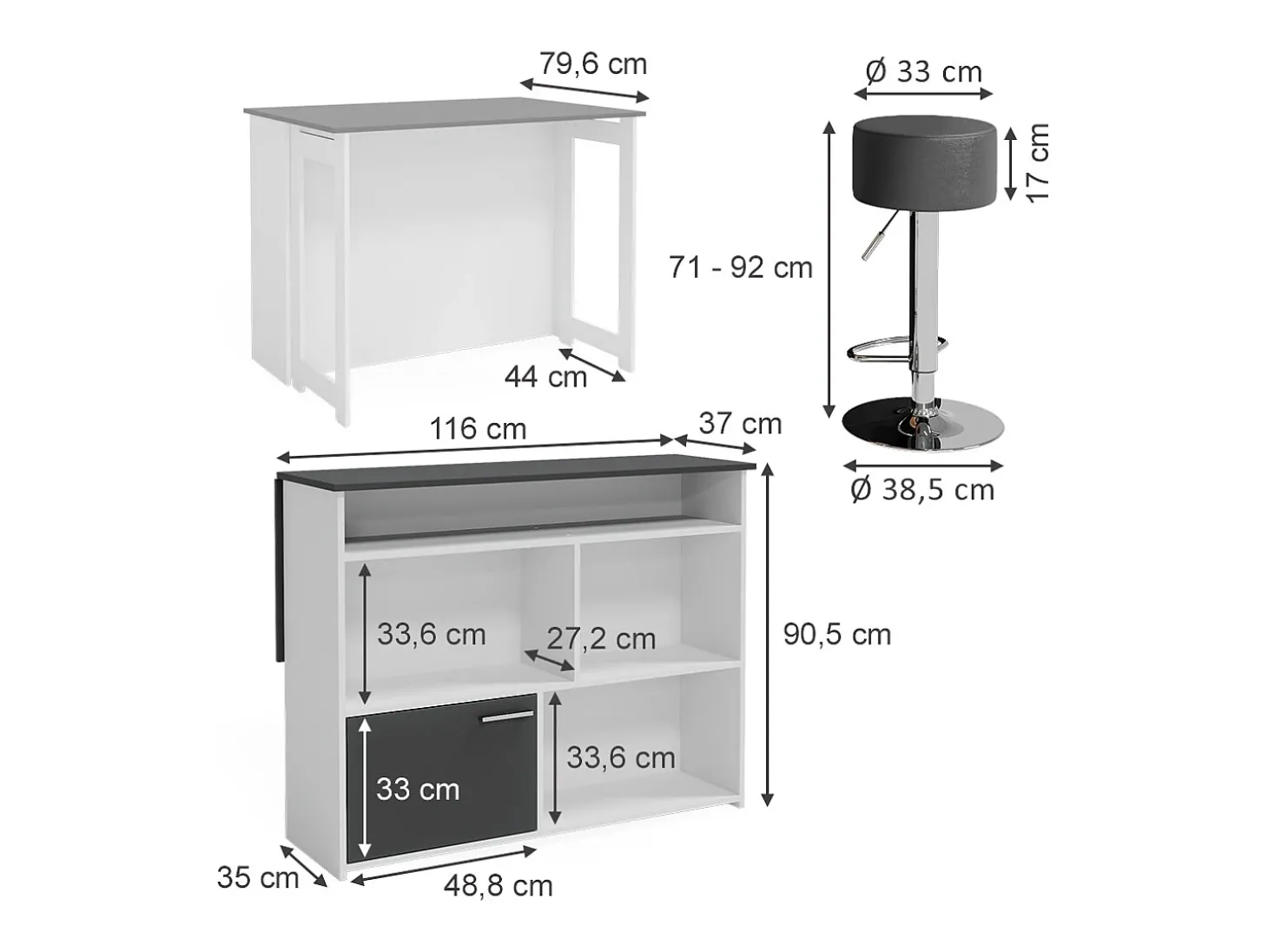 Conjunto de mesa de bar antracite/branco 116x37x90.5 dominic