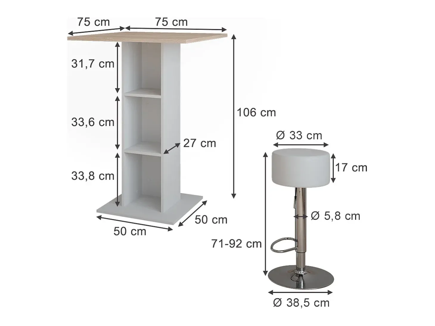 Conjunto de mesa de bar branco/sonoma 75x75x106 repose