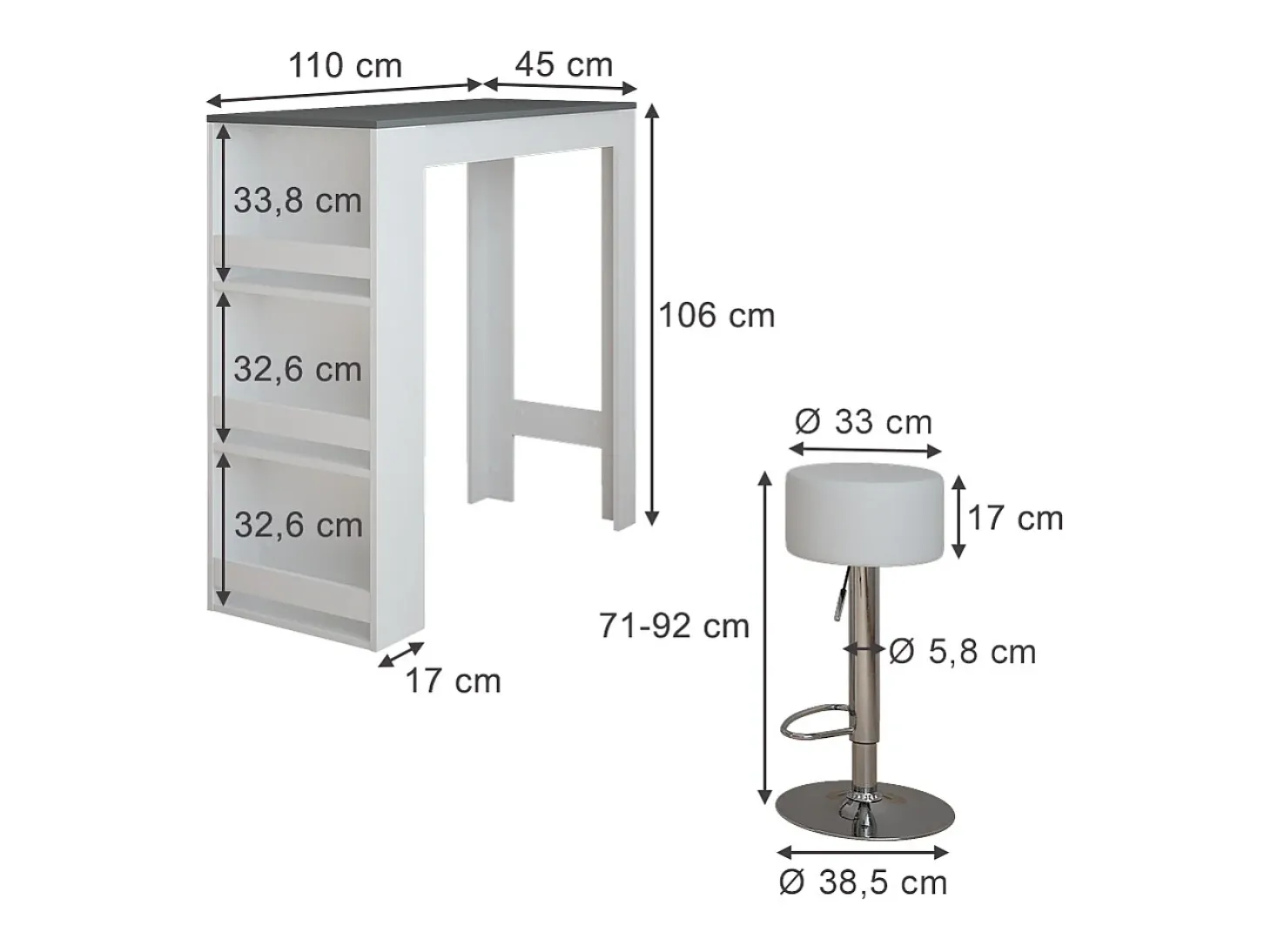Conjunto de mesa de bar branco/antracite 45x110x106 repose