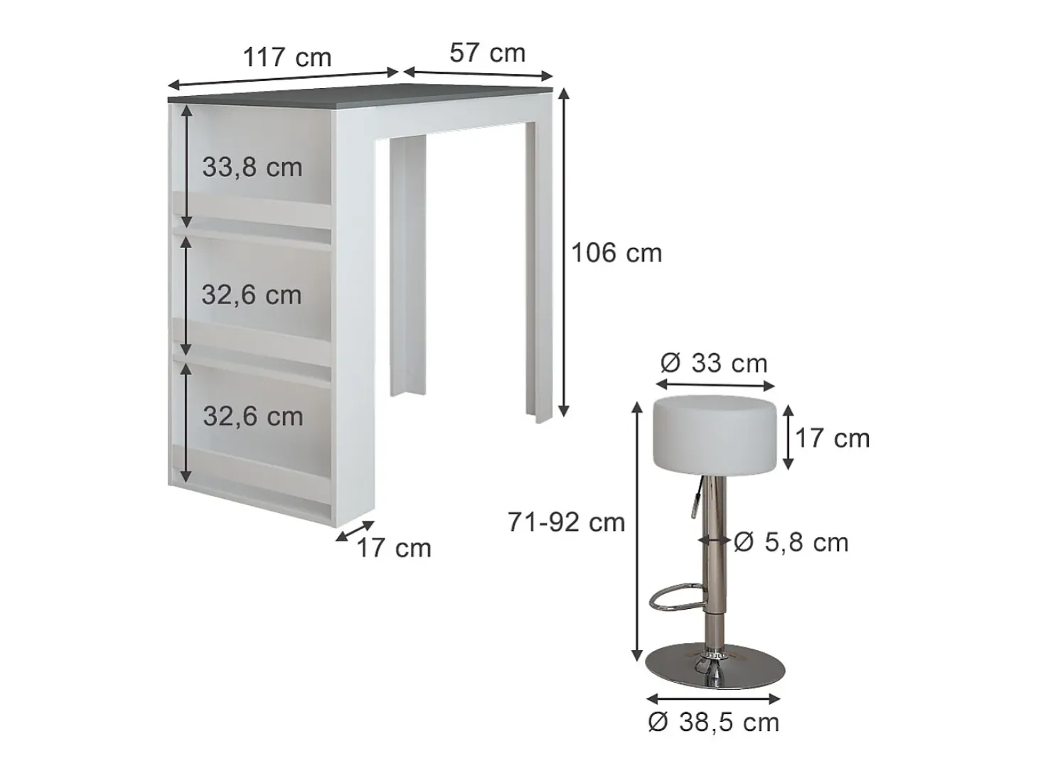Conjunto de mesa de bar branco/antracite 57x117x106 repose