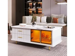 Conjunto de mesa de café + móveis de TV com LEDs 4 gavetas e 1 nichos, bandeja de mesa com estrutura de mármore