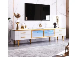 Conjunto de mesa de café + móveis de TV com LEDs 4 gavetas e 1 nichos, bandeja de mesa com estrutura de mármore