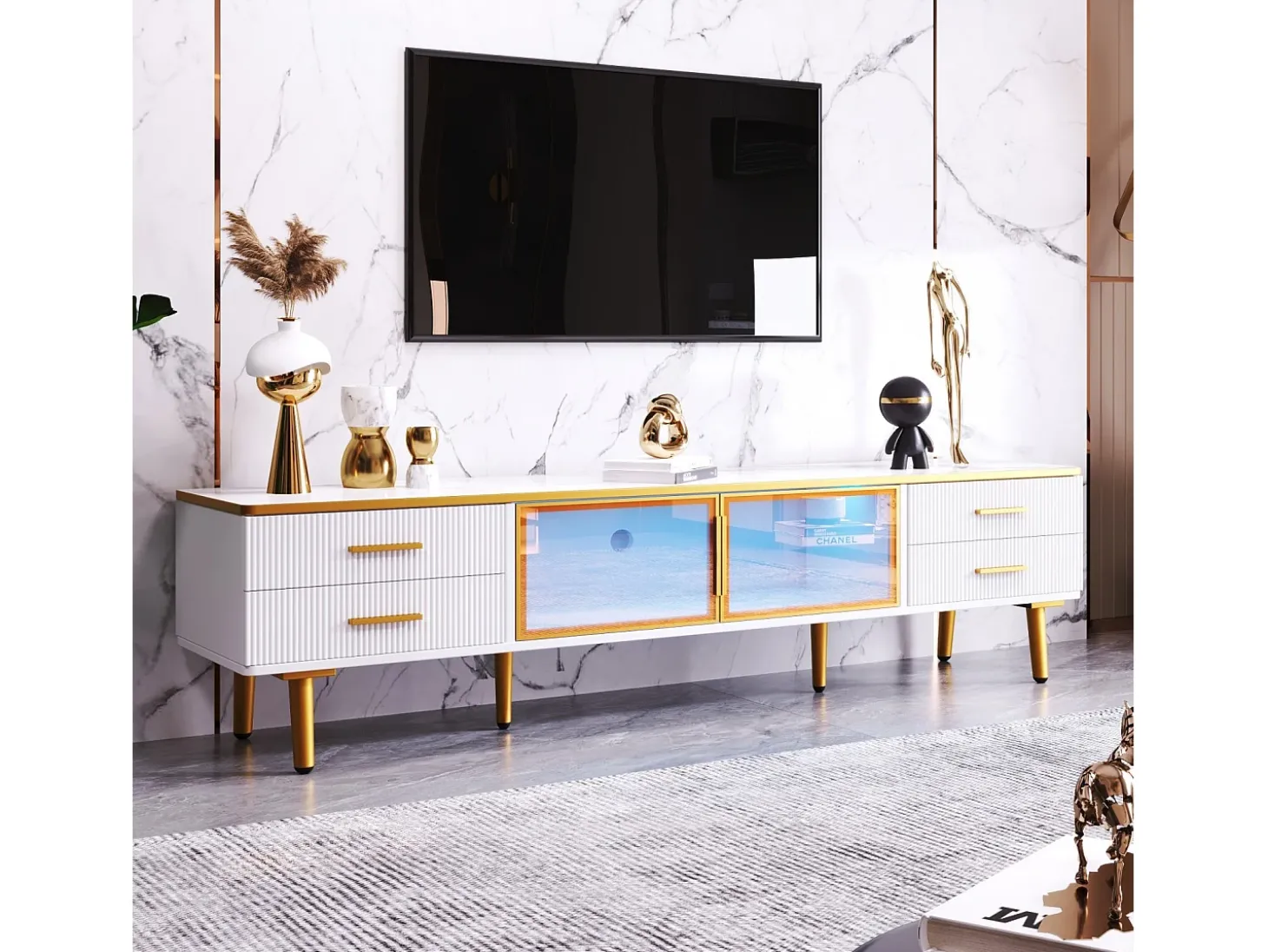 Conjunto de mesa de café + móveis de TV com LEDs 4 gavetas e 1 nichos, bandeja de mesa com estrutura de mármore
