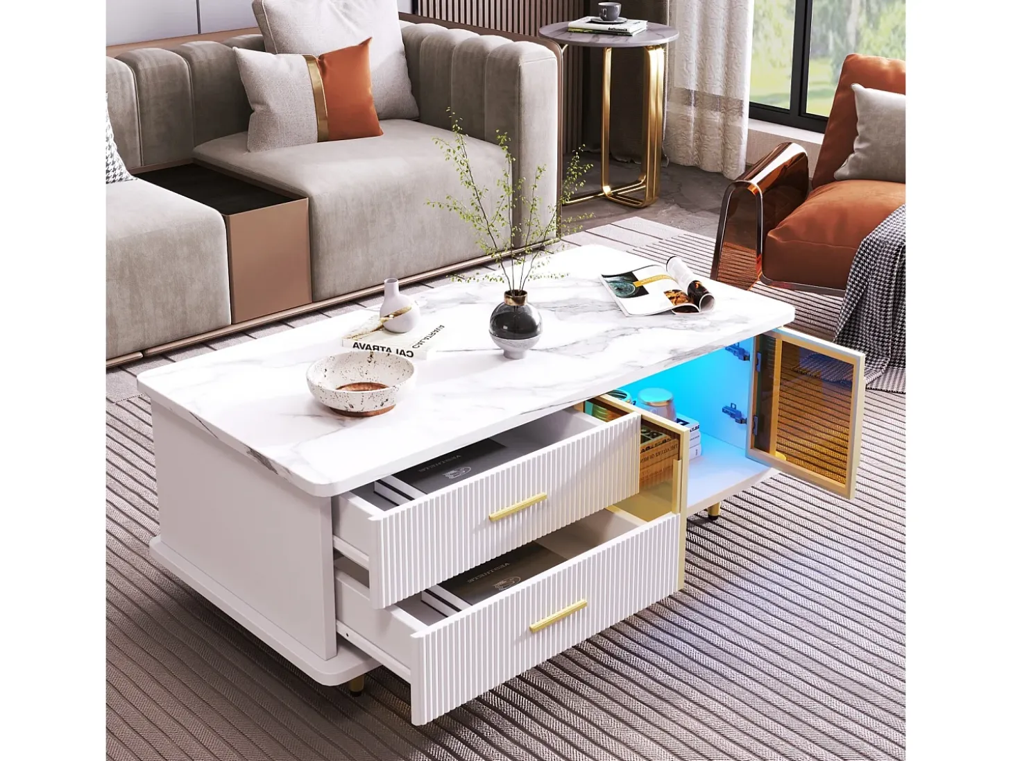 Conjunto de mesa de café + móveis de TV com LEDs 4 gavetas e 1 nichos, bandeja de mesa com estrutura de mármore