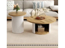 Conjunto de mesa de centro - Tampo redondo - com compartimentos de armazenamento - MDF - Natural