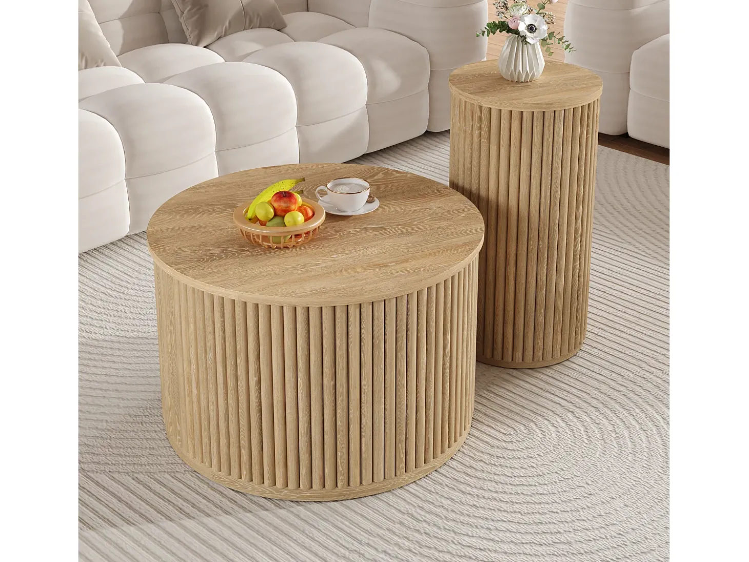 Conjunto de mesa de centro - Tampo redondo - Padrão de listras verticais - MDF - Natural
