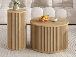 Conjunto de mesa de centro - Tampo redondo - Padrão de listras verticais - MDF - Natural