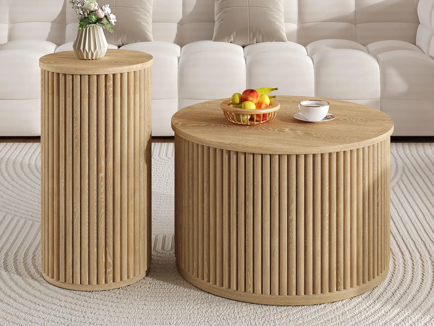 Conjunto de mesa de centro - Tampo redondo - Padrão de listras verticais - MDF - Natural