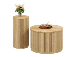 Conjunto de mesa de centro - Tampo redondo - Padrão de listras verticais - MDF - Natural
