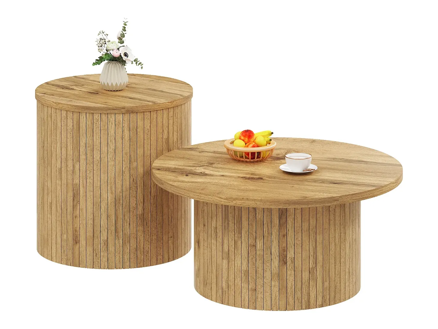 Conjunto de mesa de centro - Tampo redondo - Padrão de listras verticais - MDF - Natural
