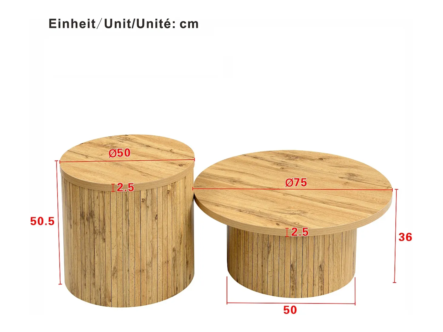 Conjunto de mesa de centro - Tampo redondo - Padrão de listras verticais - MDF - Natural