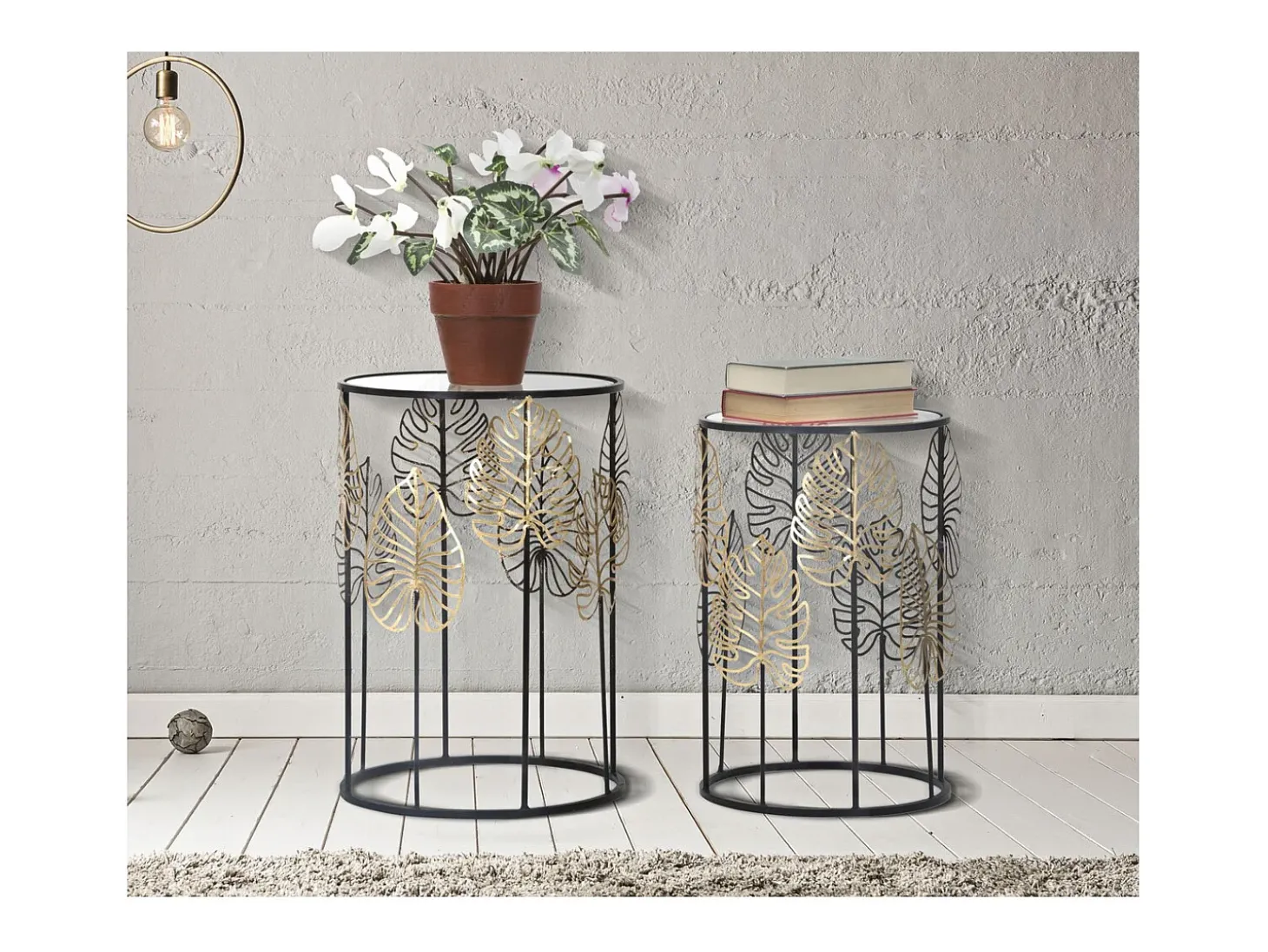 Conjunto de Mesas Auxiliares Folha 67, Preto, 38x38x55 cm, Kendra Home