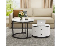 Conjunto de mesas de centro empilháveis com 2 gavetas - Tampo com efeito mármore brilhante - Preto e branco