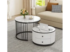 Conjunto de mesas de centro empilháveis com 2 gavetas - Tampo com efeito mármore brilhante - Preto e branco