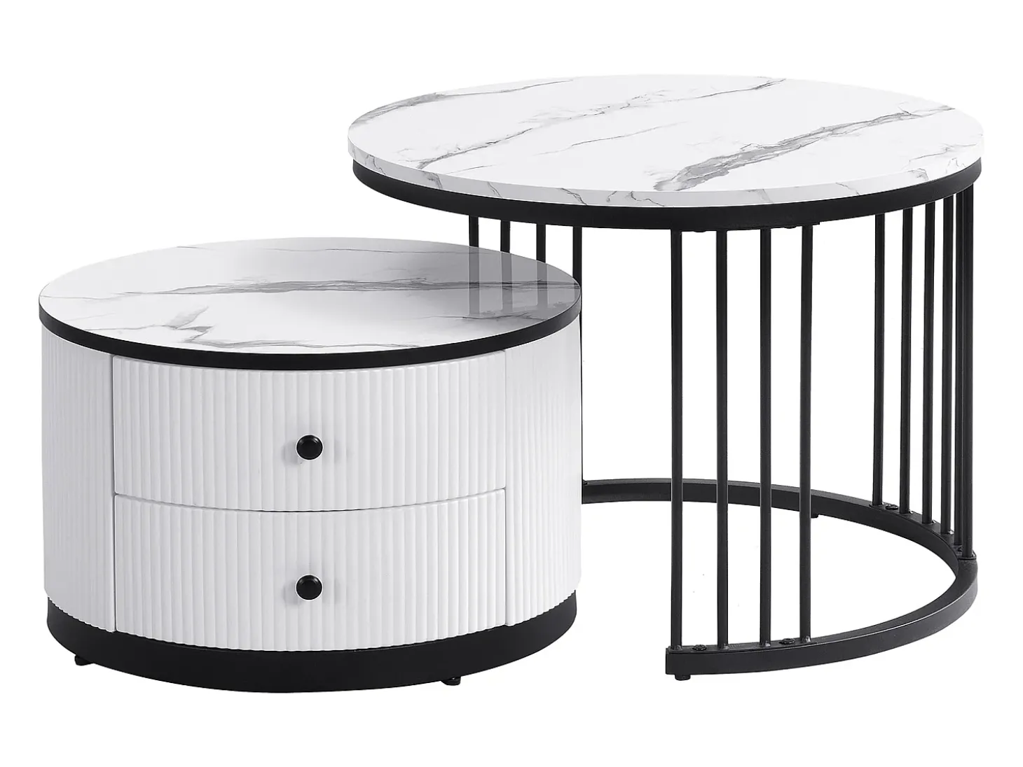 Conjunto de mesas de centro empilháveis com 2 gavetas - Tampo com efeito mármore brilhante - Preto e branco