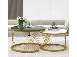 Conjunto de mesas de centro empilháveis em madeira - folheado com efeito mármore branco e metal dourado - MDF - para sala de estar - cinza e branco