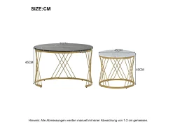 Conjunto de mesas de centro empilháveis em madeira - folheado com efeito mármore branco e metal dourado - MDF - para sala de estar - cinza e branco