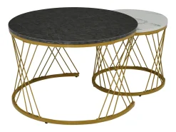 Conjunto de mesas de centro empilháveis em madeira - folheado com efeito mármore branco e metal dourado - MDF - para sala de estar - cinza e branco