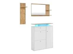 Conjunto de mobiliário para hall de entrada com 3 peças - Espelho, prateleira e sapateira - Branco e madeira