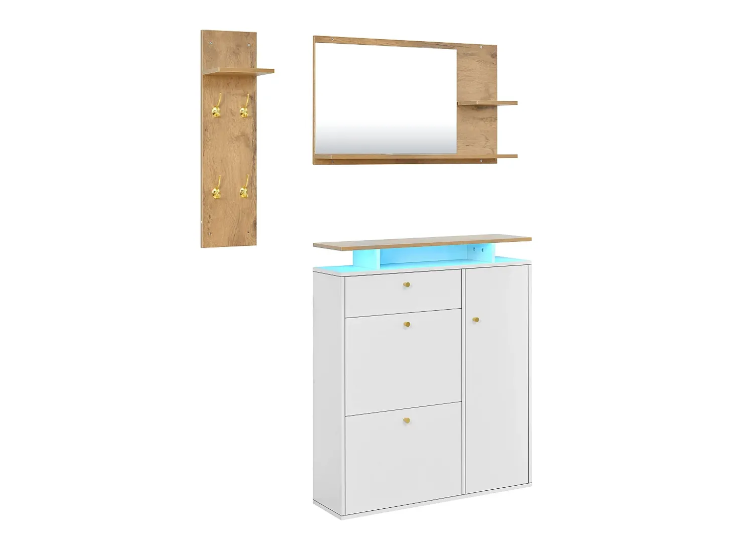 Conjunto de mobiliário para hall de entrada com 3 peças - Espelho, prateleira e sapateira - Branco e madeira