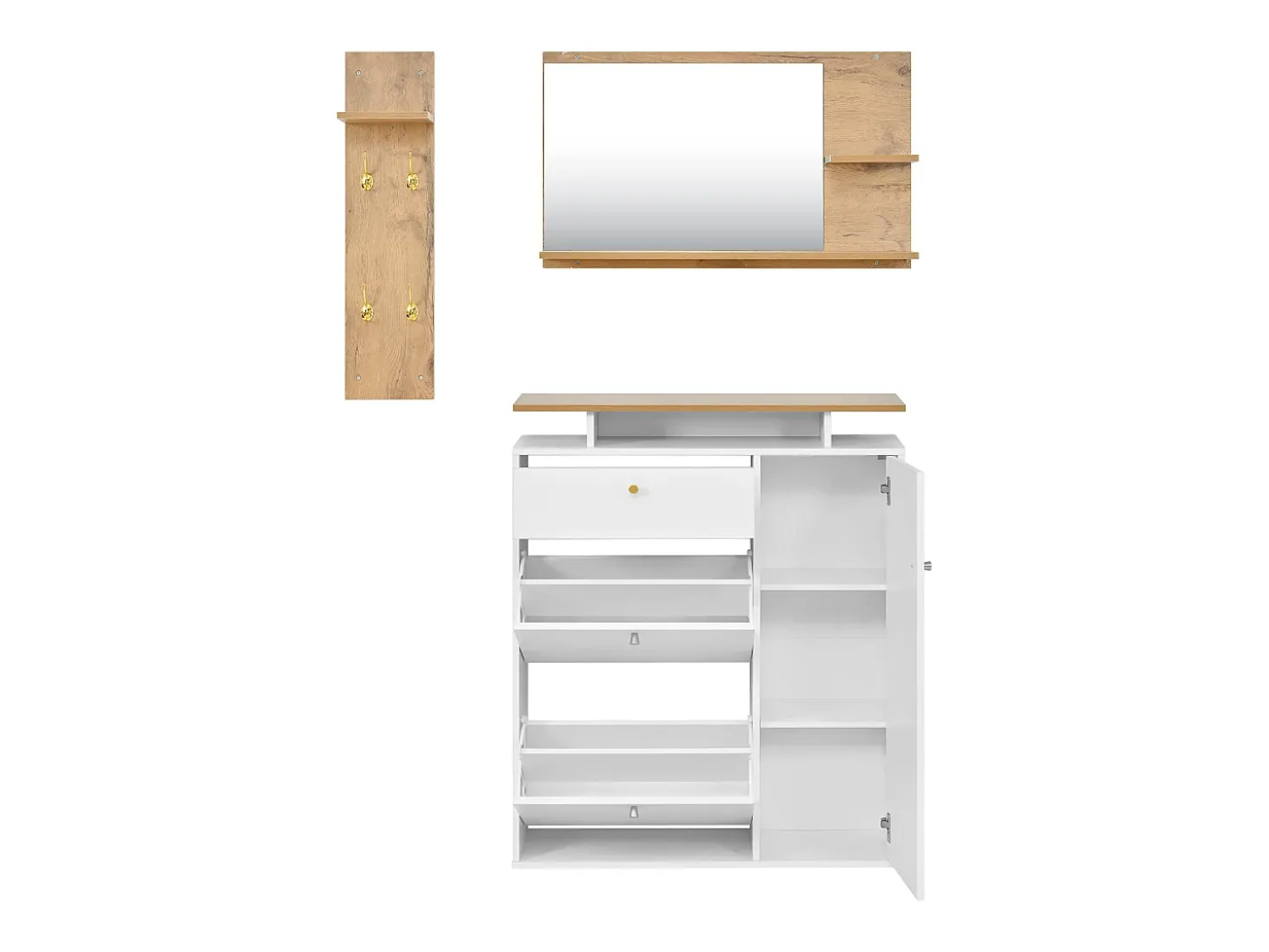Conjunto de mobiliário para hall de entrada com 3 peças - Espelho, prateleira e sapateira - Branco e madeira