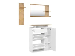 Conjunto de mobiliário para hall de entrada com 3 peças - Espelho, prateleira e sapateira - Branco e madeira