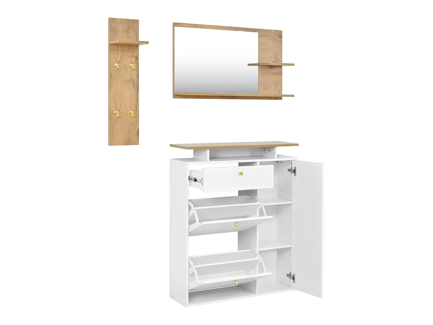 Conjunto de mobiliário para hall de entrada com 3 peças - Espelho, prateleira e sapateira - Branco e madeira
