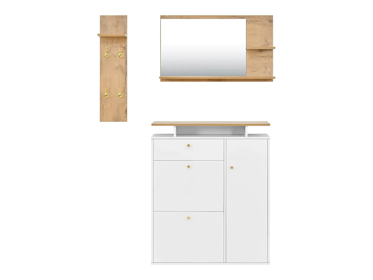 Conjunto de mobiliário para hall de entrada com 3 peças - Espelho, prateleira e sapateira - Branco e madeira