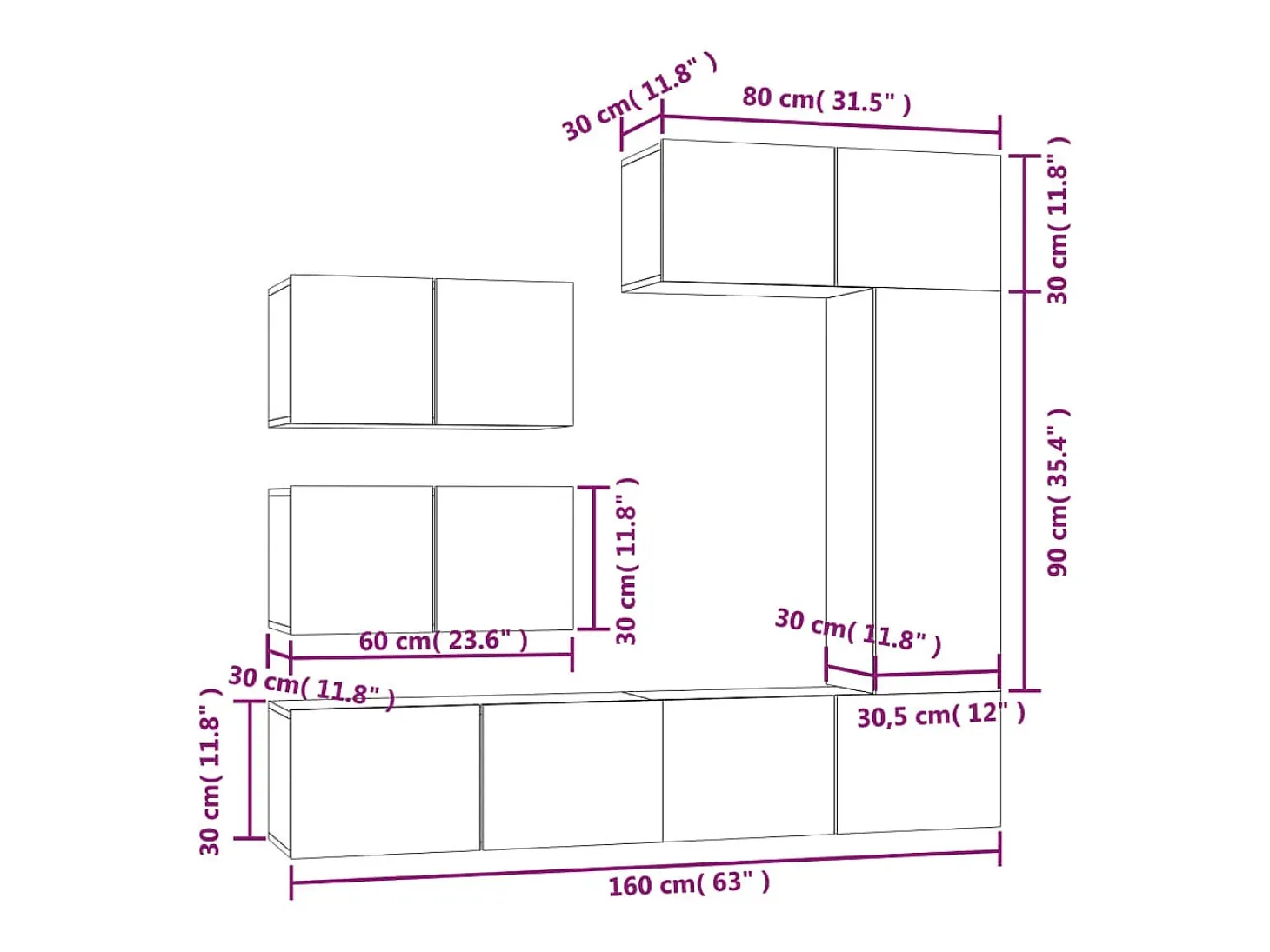 Conjunto de móveis armário aparador TV televisão sala de estar quarto sala de estar 6 peças madeira projetada branco 02_0025015