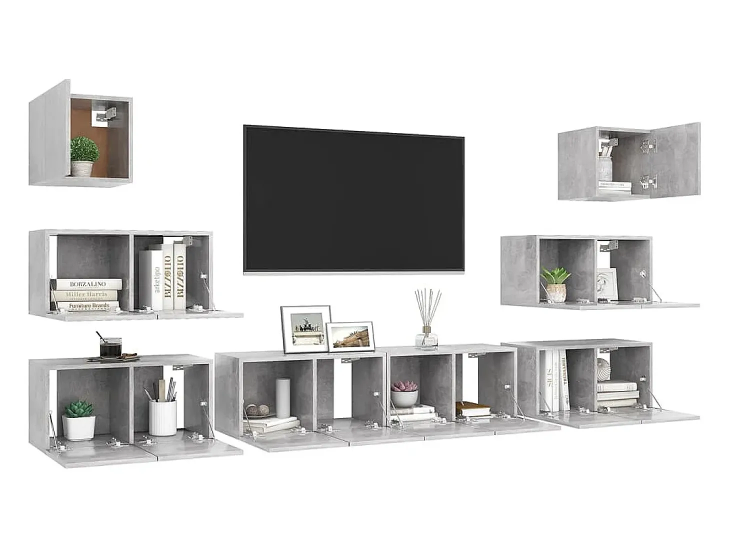 Conjunto de móveis armário aparador tv televisão sala de estar quarto 8 peças madeira projetada cinza 02_0025247
