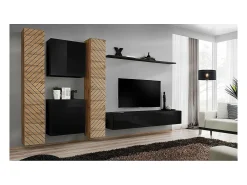 Conjunto de móveis de design para sala de estar SWITCH VI. Cores carvalho e preto com acabamento em carvalho fresado e preto brilhante.