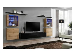 Conjunto de móveis de parede para sala de estar SWITCH XIV, design, na cor preto brilhante e carvalho Wotan.