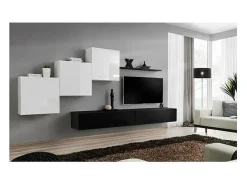 Conjunto de móveis de parede para sala de estar SWITCH X, design, nas cores preto e branco brilhante.