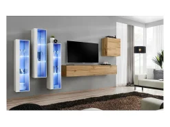 Conjunto de móveis de parede para sala de estar SWITCH XIII design, cor carvalho Wotan e branco.
