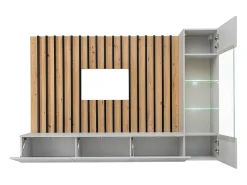 Conjunto de móveis de sala de estar suspensos com fundo mural decorativo da coleção TASHYA. Cor carvalho, cinza pérola e preto.