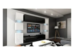 Conjunto de móveis de sala de estar suspensos, meio preto, lado branco, coleção CEPTO XIV. 256cm, 10 móveis, com LEDs.