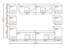 Conjunto de móveis de sala de estar suspensos, meio preto, lado branco, coleção CEPTO XIV. 256cm, 10 móveis, com LEDs.