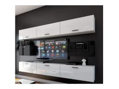 Conjunto de móveis de sala de estar brancos e pretos suspensos coleção CEPTO VII 249cm, 8 portas, modulares.