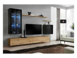 Conjunto de móveis de sala de estar mural SWITCH XII design, cor carvalho Wotan e preto brilhante.