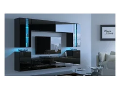 Conjunto de móveis de sala de estar pretos suspensos coleção CEPTO XXIV. 256cm, 8 móveis, LEDs, modulares.