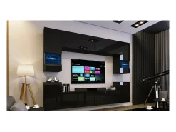 Conjunto de móveis de sala de estar pretos, suspensos, coleção CEPTO XXVII. 240cm, 8 móveis, leds, modulares.