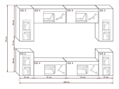 Conjunto de móveis de sala de estar pretos suspensos coleção CEPTO I 256cm, 8 portas, 6 prateleiras, leds, modulares.