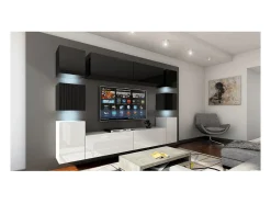Conjunto de móveis de sala suspenso, parte superior preta, parte inferior branca, coleção CEPTO XIV. 256cm, 10 móveis, leds.