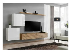Conjunto de móveis de sala de estar SWITCH V, nas cores branco e carvalho. Acabamentos em branco brilhante e carvalho usinado.