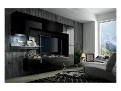 Conjunto de móveis de sala de estar pretos, coleção CEPTO VI 256cm, com 7 portas, prateleira de parede branca, LEDs, modulares.