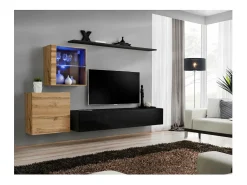 Conjunto de móveis de sala de estar mural SWITCH XV design, cor preto brilhante e carvalho Wotan.
