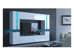 Conjunto de móveis de sala de estar brancos suspensos coleção CEPTO XXIV. 256cm, 8 móveis, com LEDs, modulares.