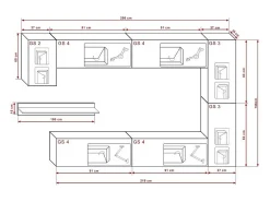 Conjunto de móveis de sala de estar pretos suspensos coleção CEPTO VI 256cm, com 7 portas, 6 prateleiras incluindo uma de parede, leds, modulares.