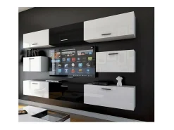 Conjunto de móveis de sala de estar brancos e pretos suspensos coleção CEPTO VII 249cm, 8 portas, modulares. Meio na cor preta.